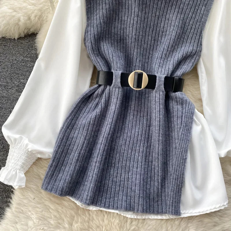 Luxury Style Loose-fit Long Sleeve White Shirt Side Slit Knit Vest 2-piece Set