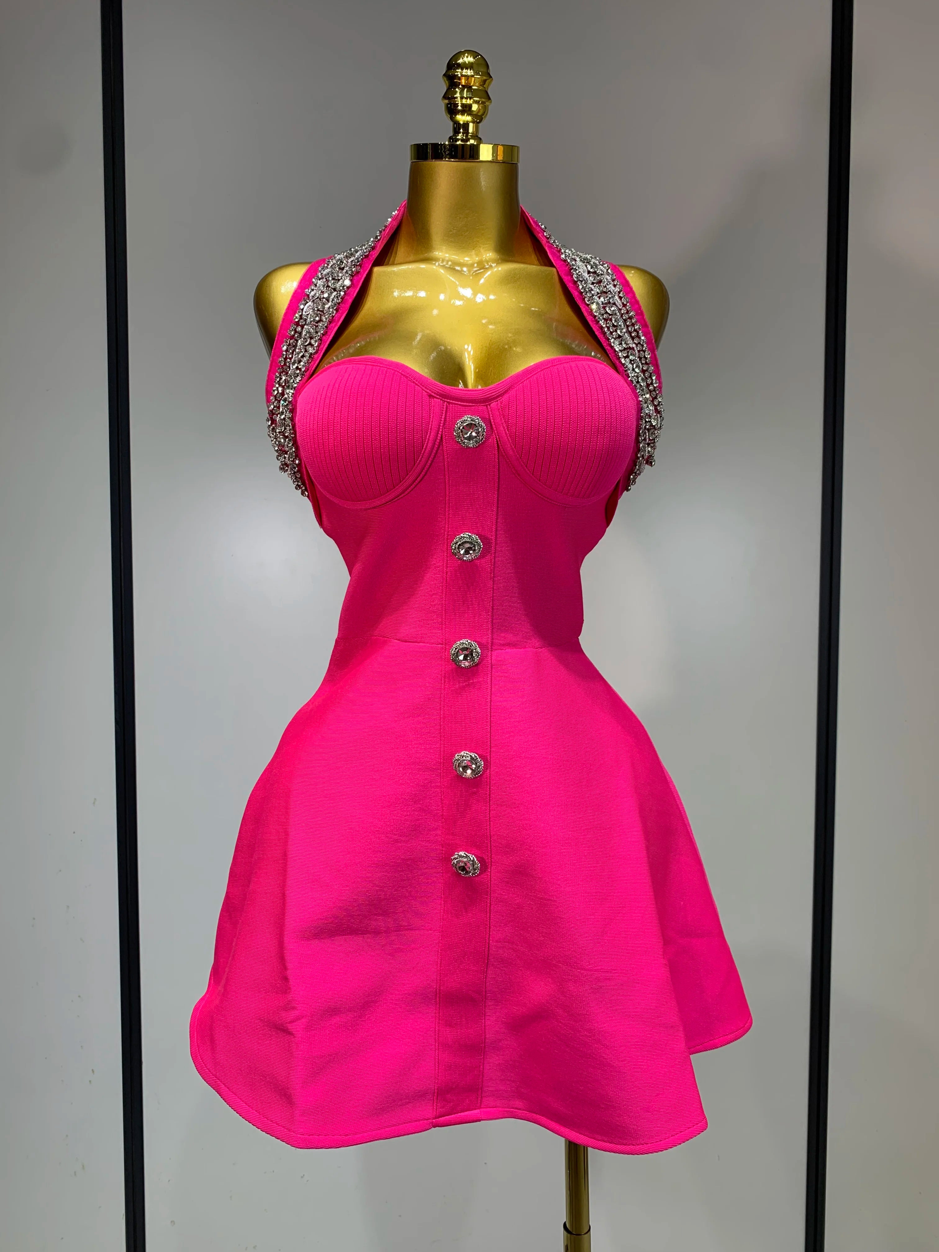 Luxury Halter Sleeveless Backless Sparkly Rhinestone Bandage Dress