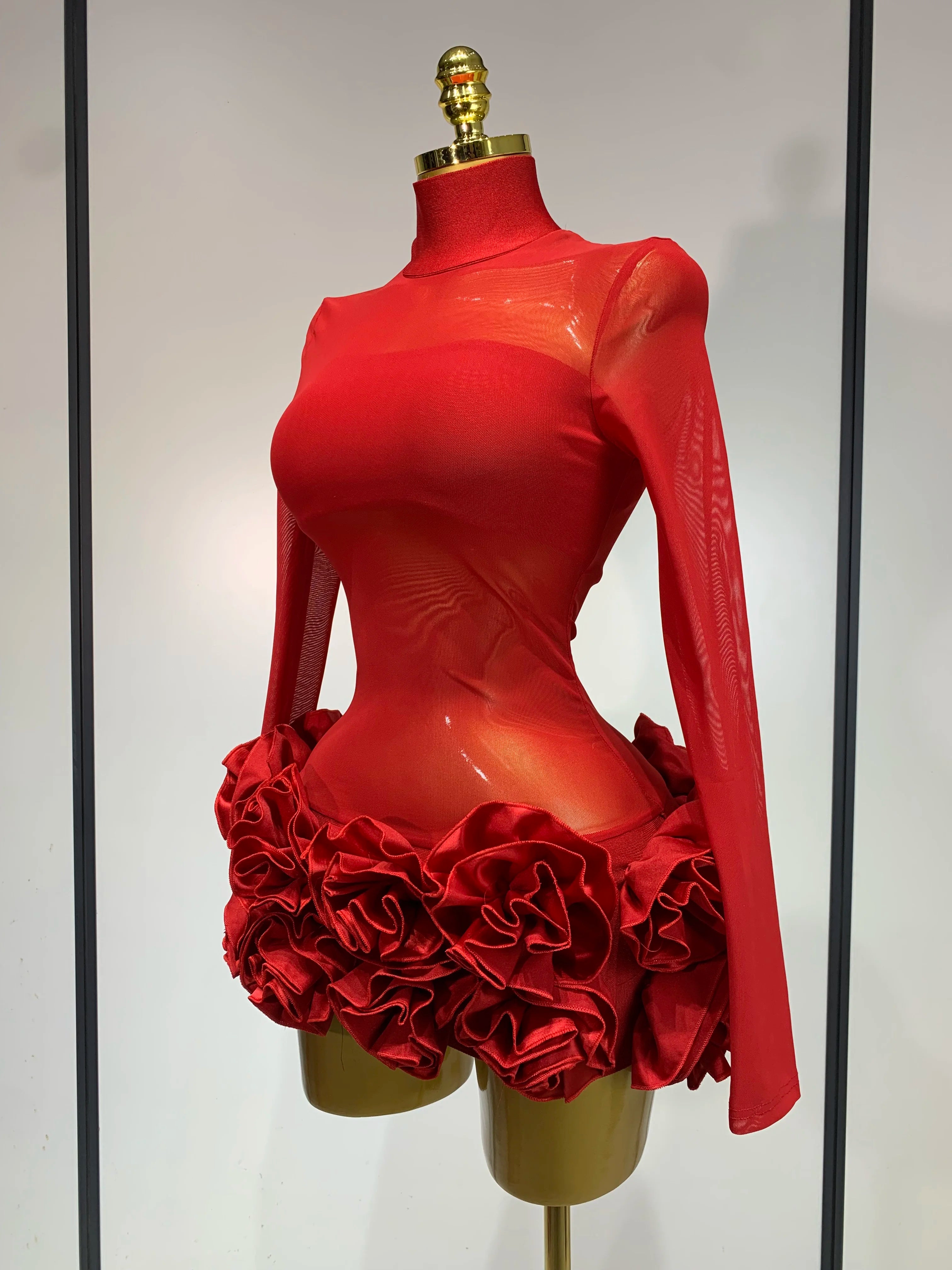 See through Mesh Stereoscopic Flowers Mini Bandage Dress