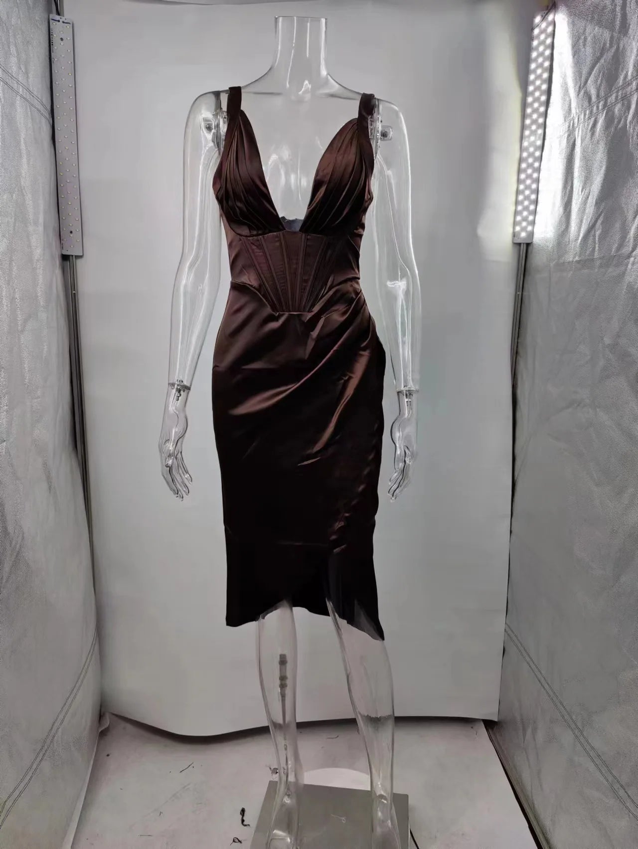 Deep V Neck Spaghetti Strap Satin Dresses