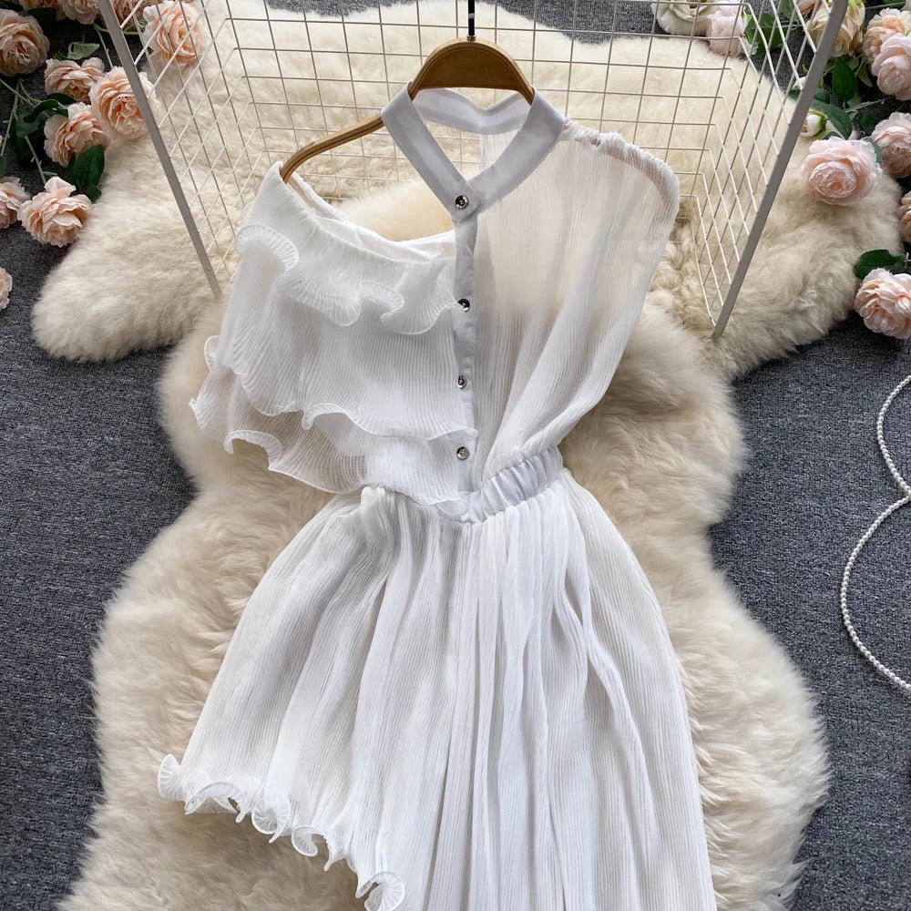 Slim Ruffled Off Shoulder Irregular Temperament Patchwork Dress