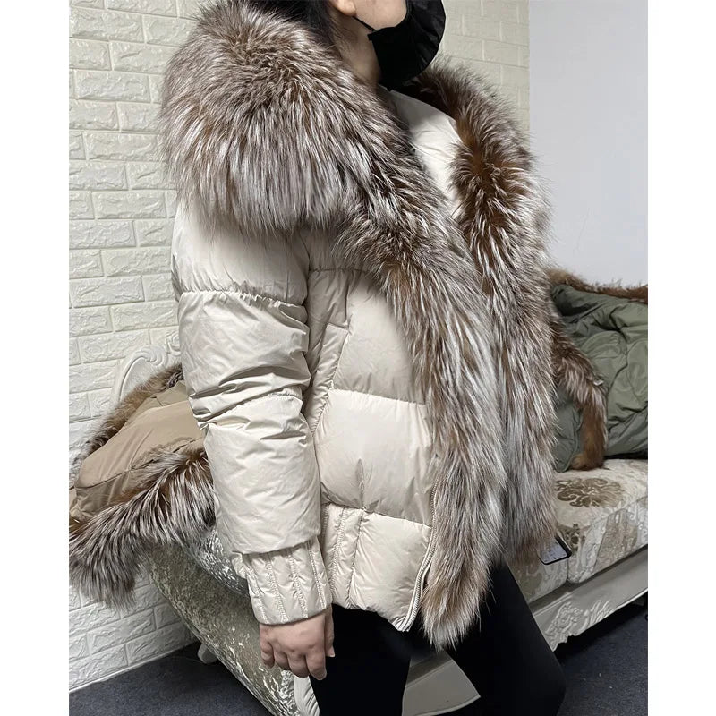 Warm Duck Down Natural Real Fox Fur Collar Hood Puffer Coat