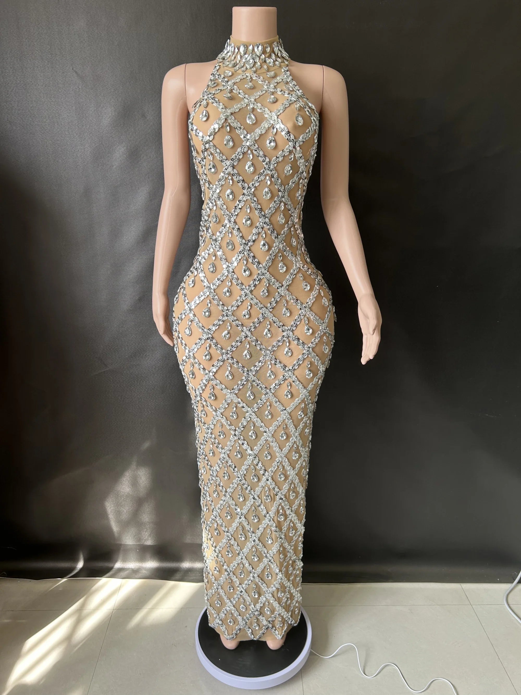 Prom Birthday Dress Transparent Rhinestone Sequins Dress