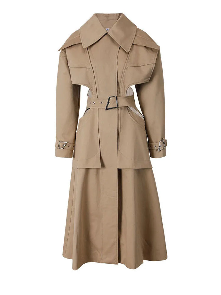 Cut-out Big Size Camel Long Trench Lapel Loose Fit Windbreaker