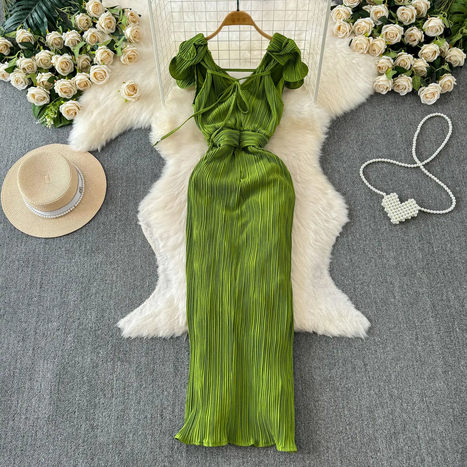 Elegant Pleated Ruffles High Waist Slim Long Dress