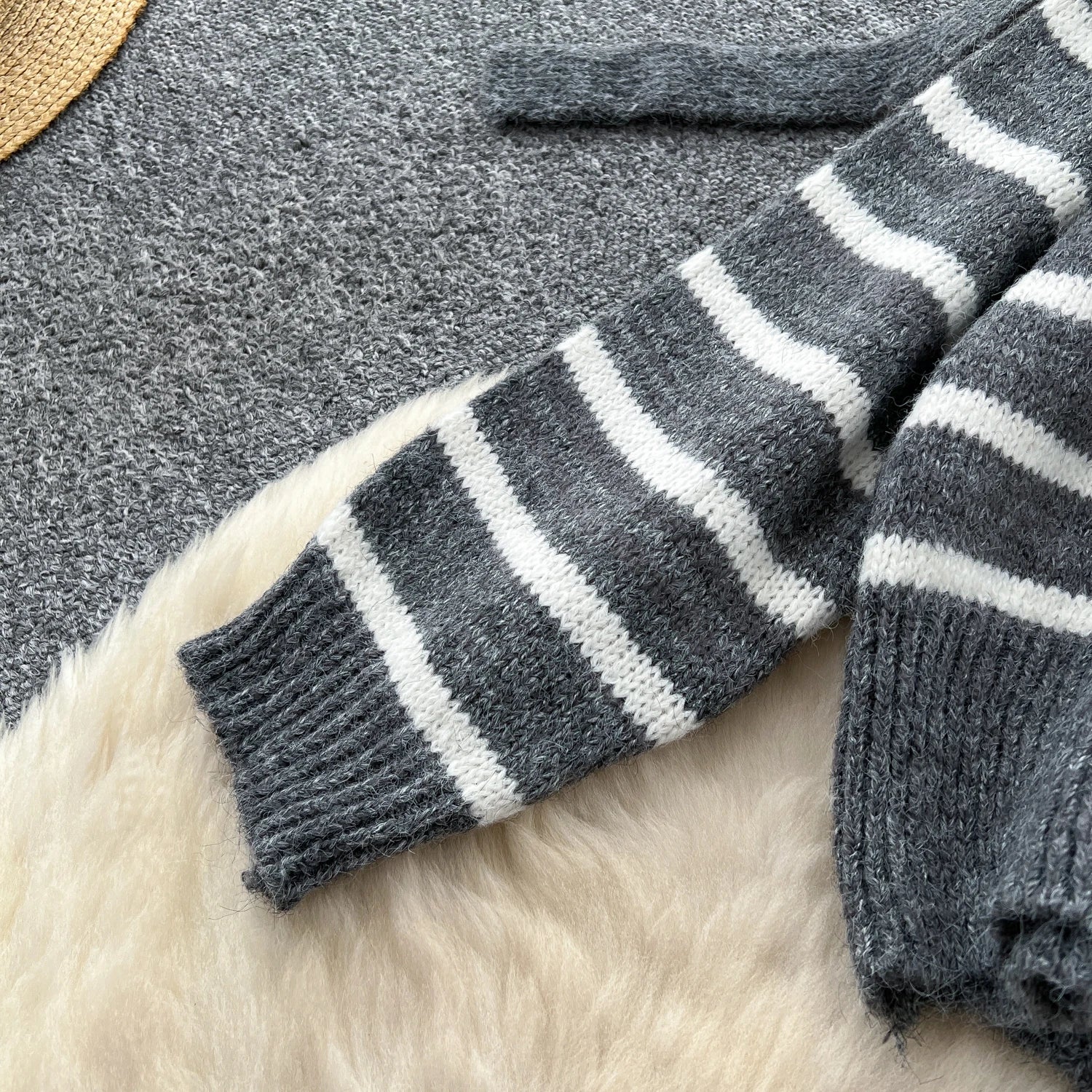 Striped Sweater Loose Cardigan+Elastic Long Skirts Knitted Two Piece Set
