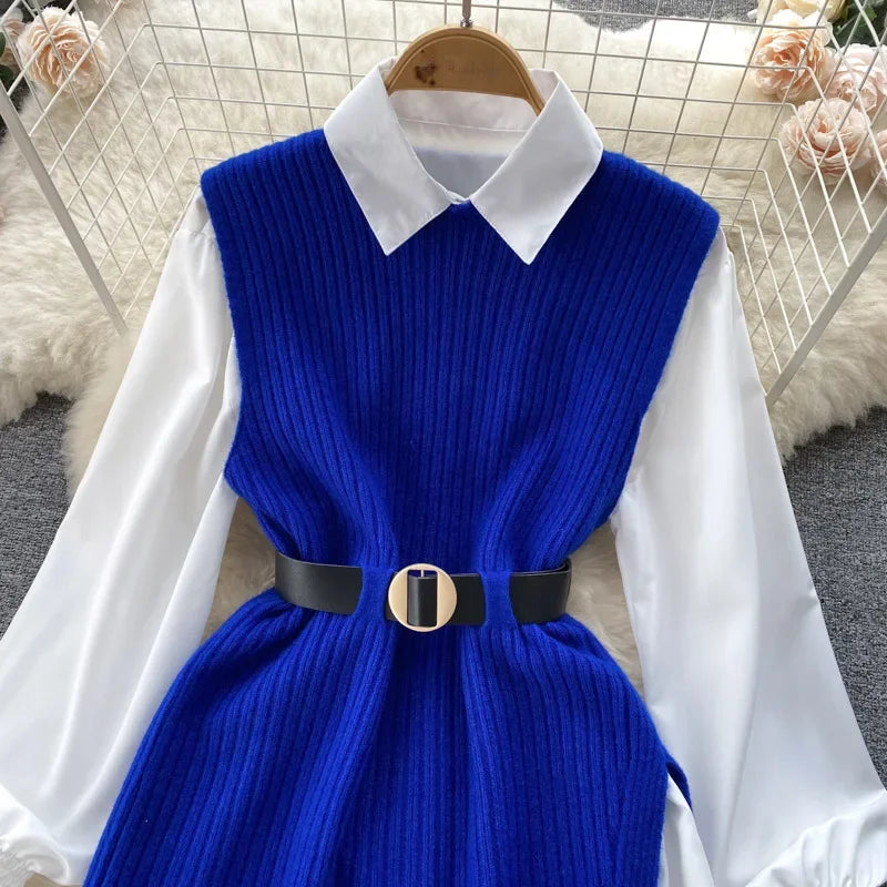 Luxury Style Loose-fit Long Sleeve White Shirt Side Slit Knit Vest 2-piece Set