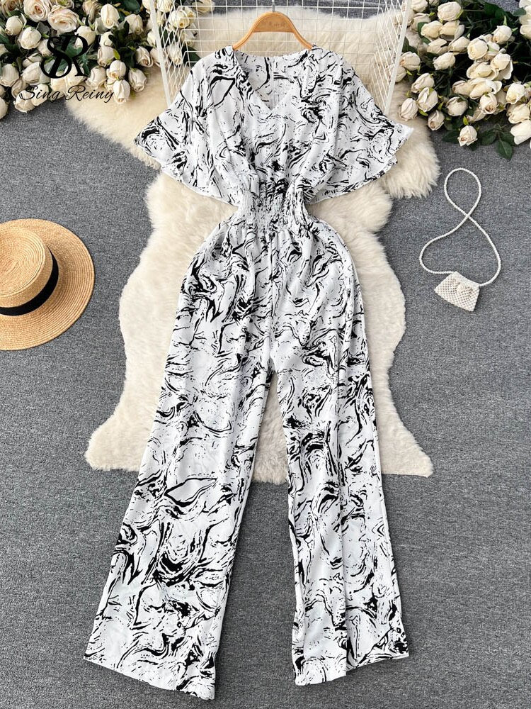 Floral V Neck Jumpsuits Retro Long Rompers