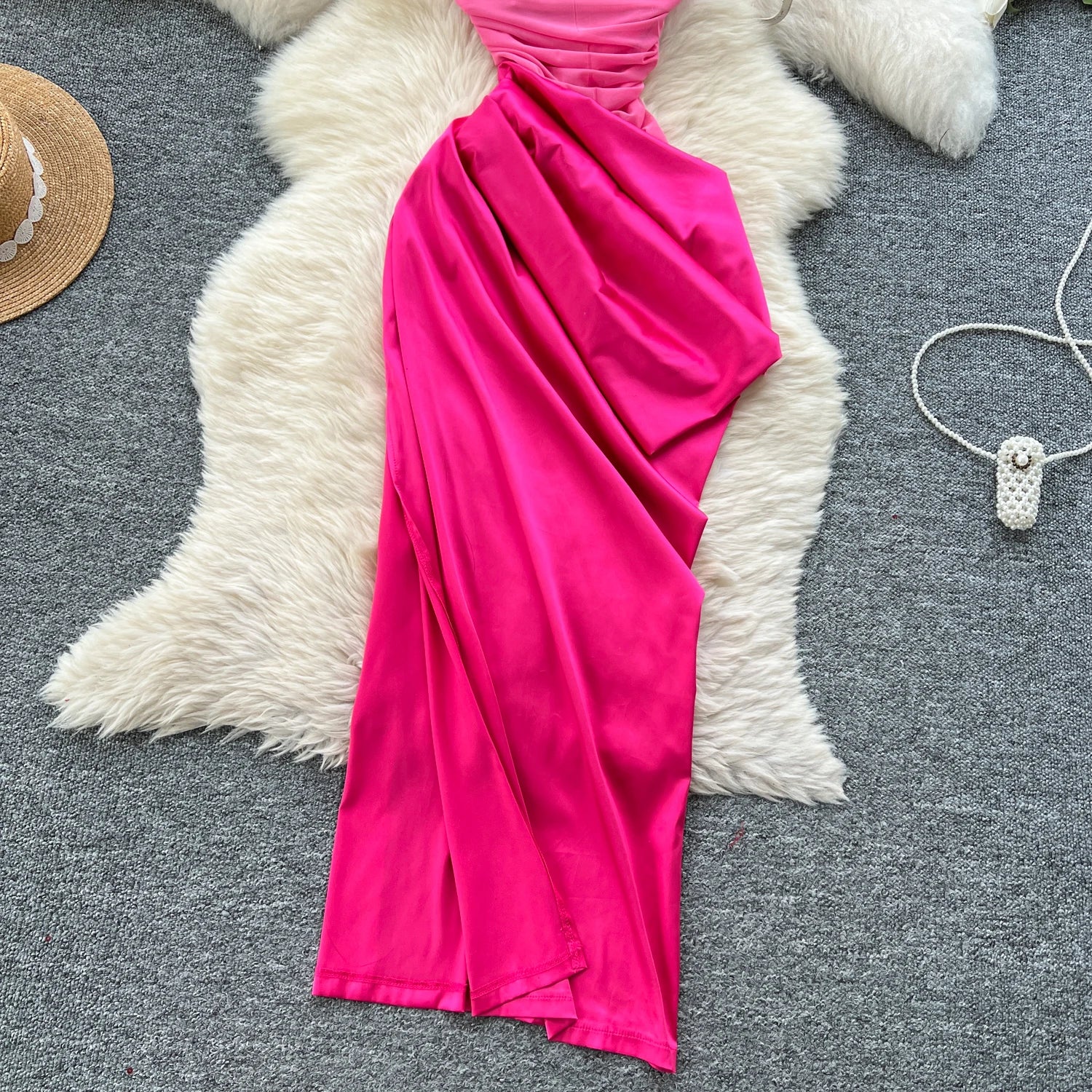 Chic Satin Splice Pleated Slim Split Long Sundress