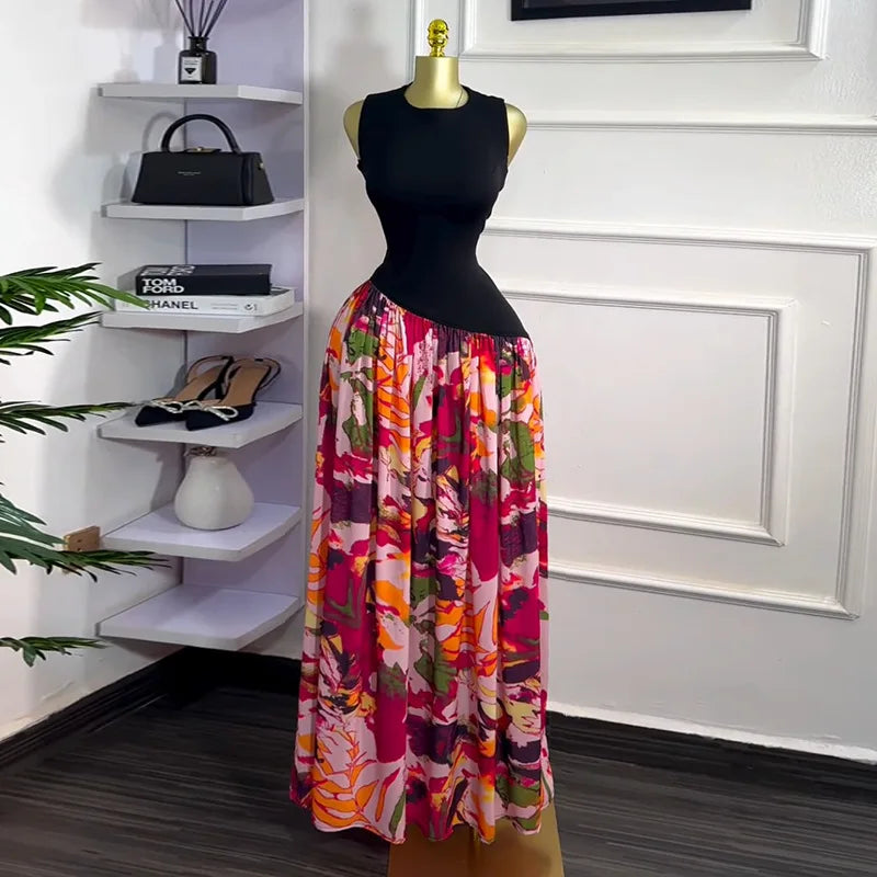 Sleeveless Printed Patchwork Tank Long Maxi Dress