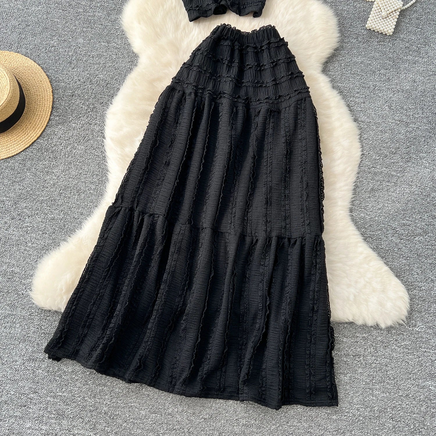 Casual Single Breasted Mini Camisole+Elastic Waist A Line Fold Slim Skirt Two Piece Sets