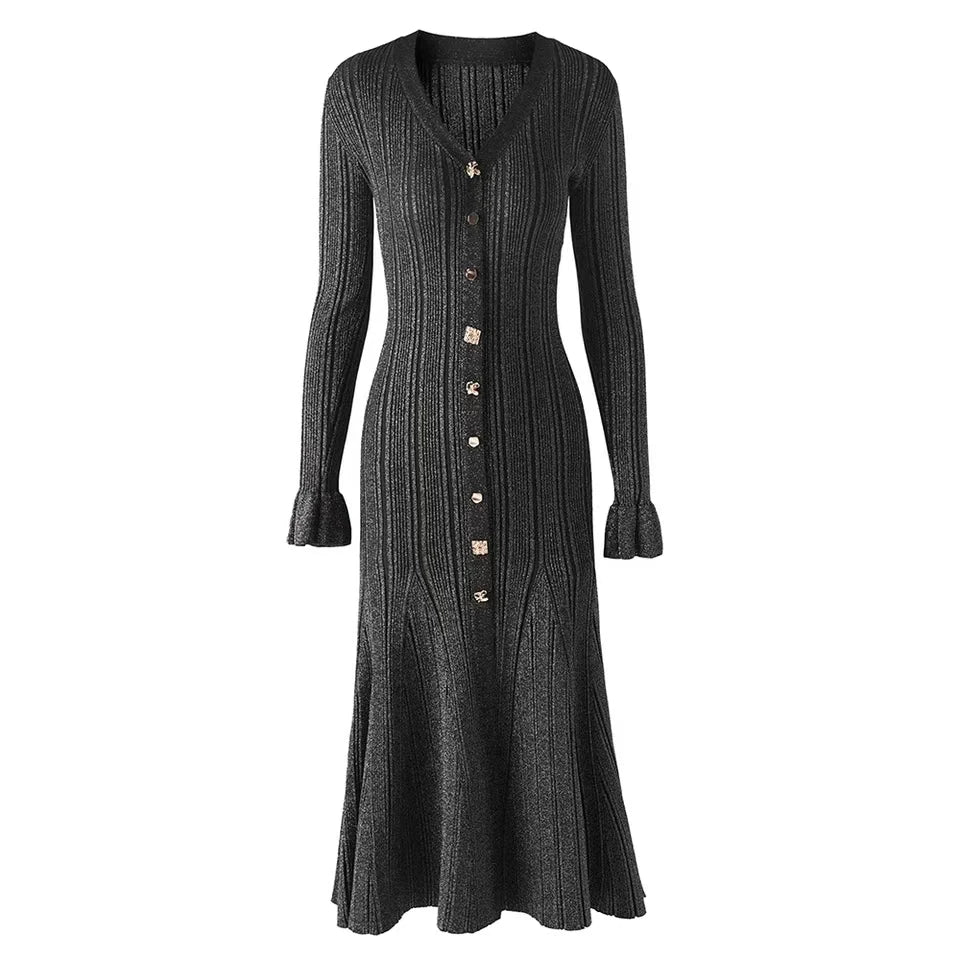 Autumn Winter Knitted V-Neck Long Sleeve Single Breasted Long Knitted Dress