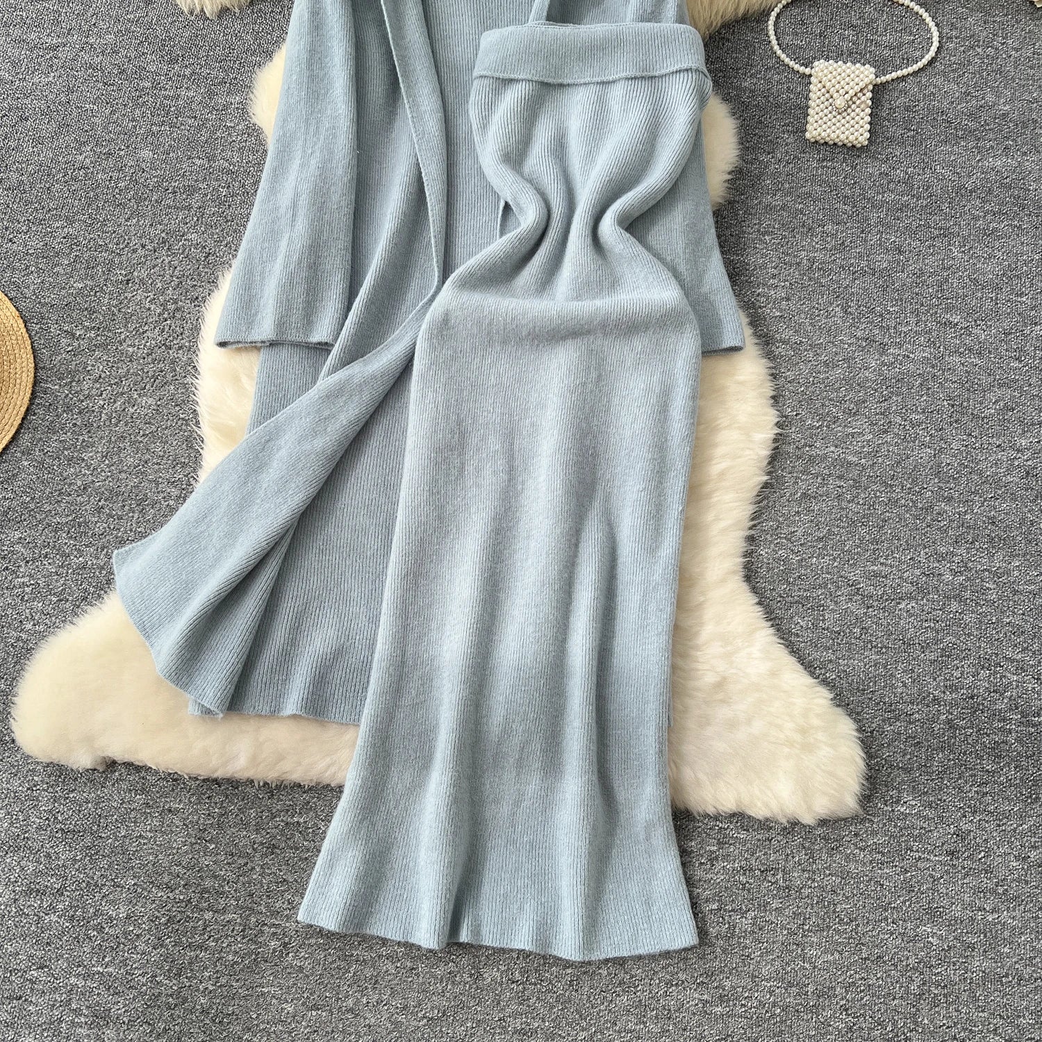Long Sleeves Oversize Cardigan+Strapless Bodycon Dress Solid Knit 2pcs Sets