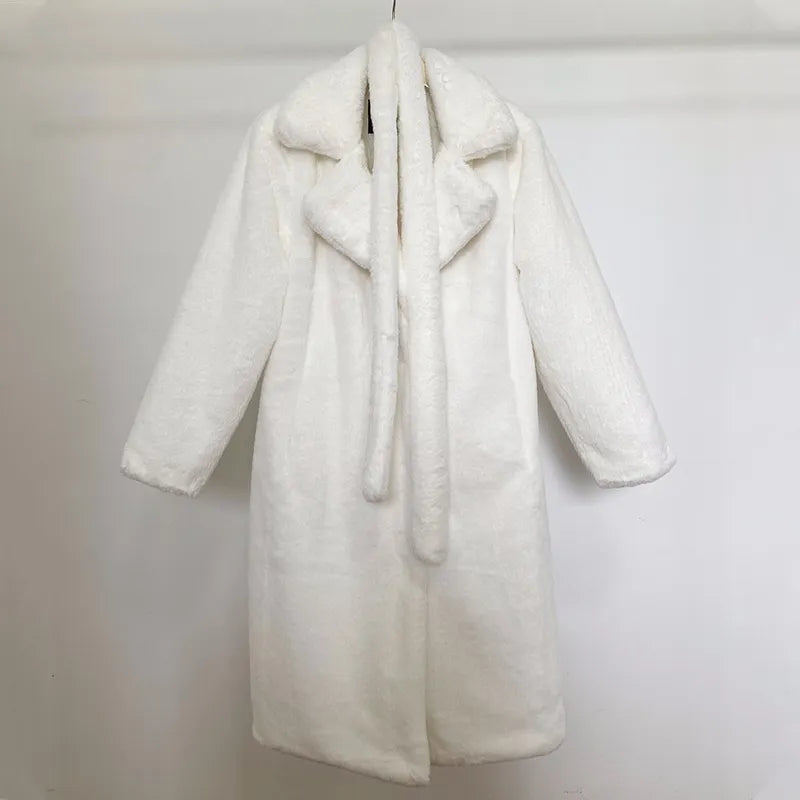 Oversized Lapel Belted Faux Rabbit Fur Coat