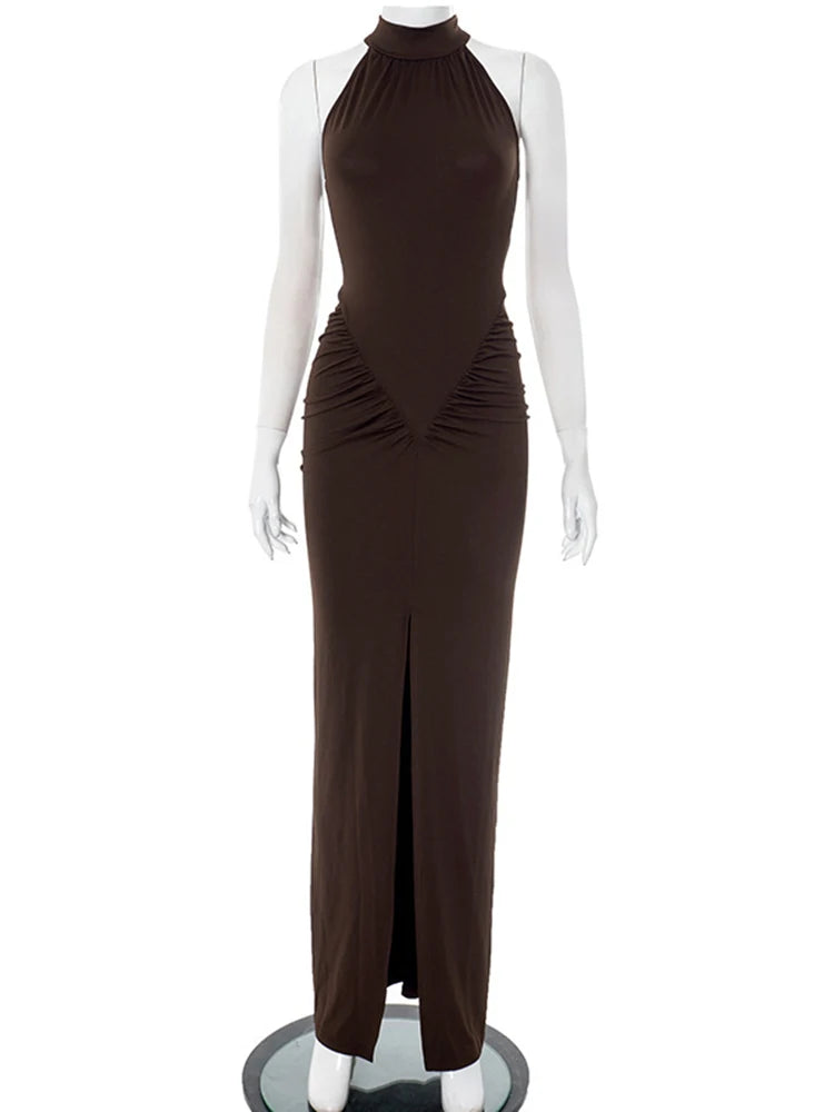 Sleeveless Halter Ruched Maxi Dress