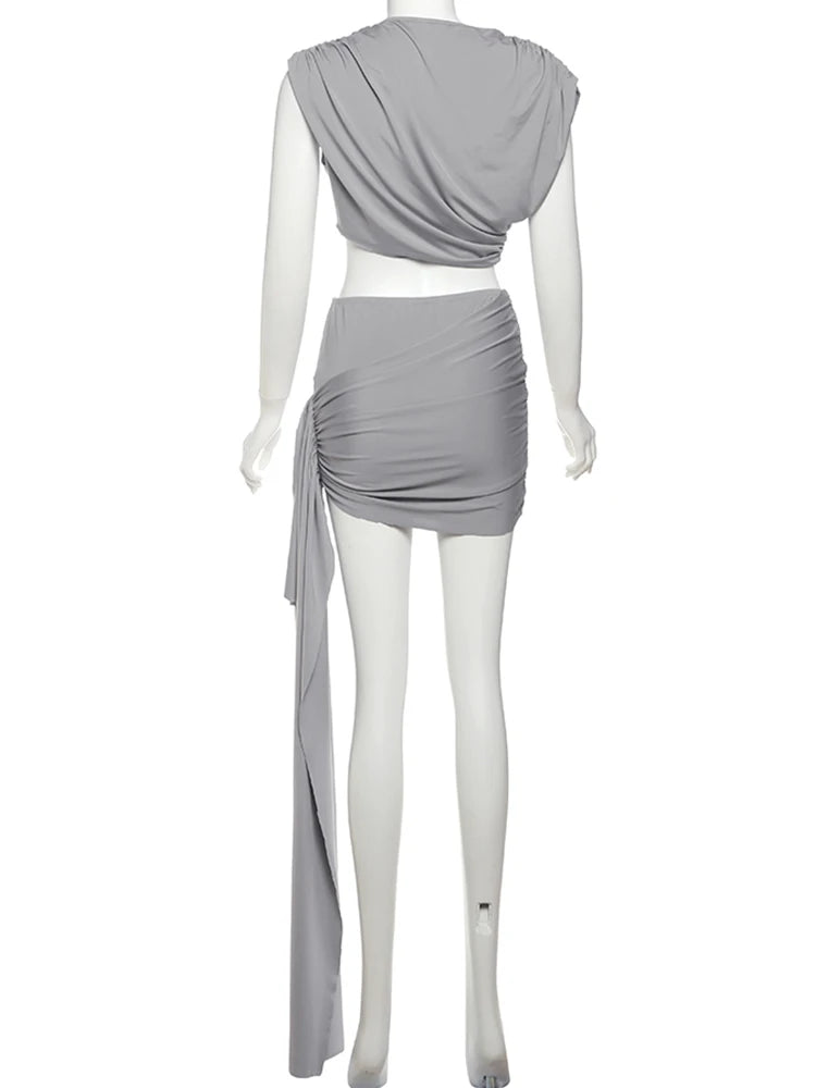 Irregular Ruched Two Piece Set Tank Tops+Side Ribbon Skirts Matching Set