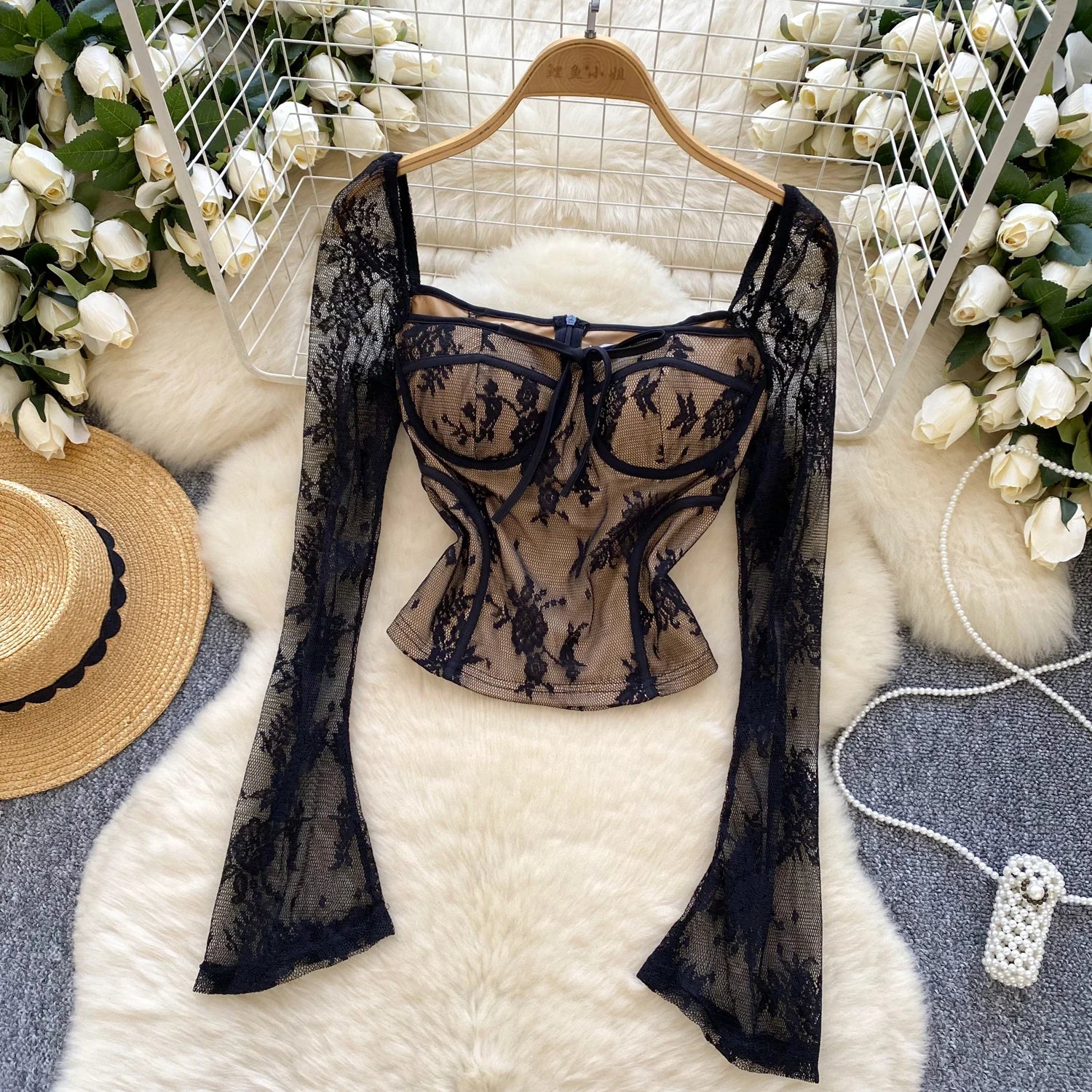 Lace Long Sleeves Sheer Blouse
