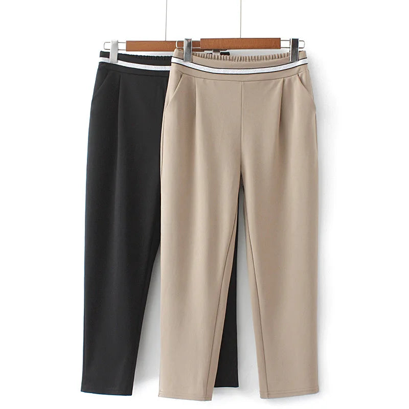 Stripes Elastic Waist Casual Office Lady Calf-Length Trouser