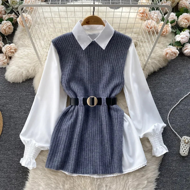 Luxury Style Loose-fit Long Sleeve White Shirt Side Slit Knit Vest 2-piece Set