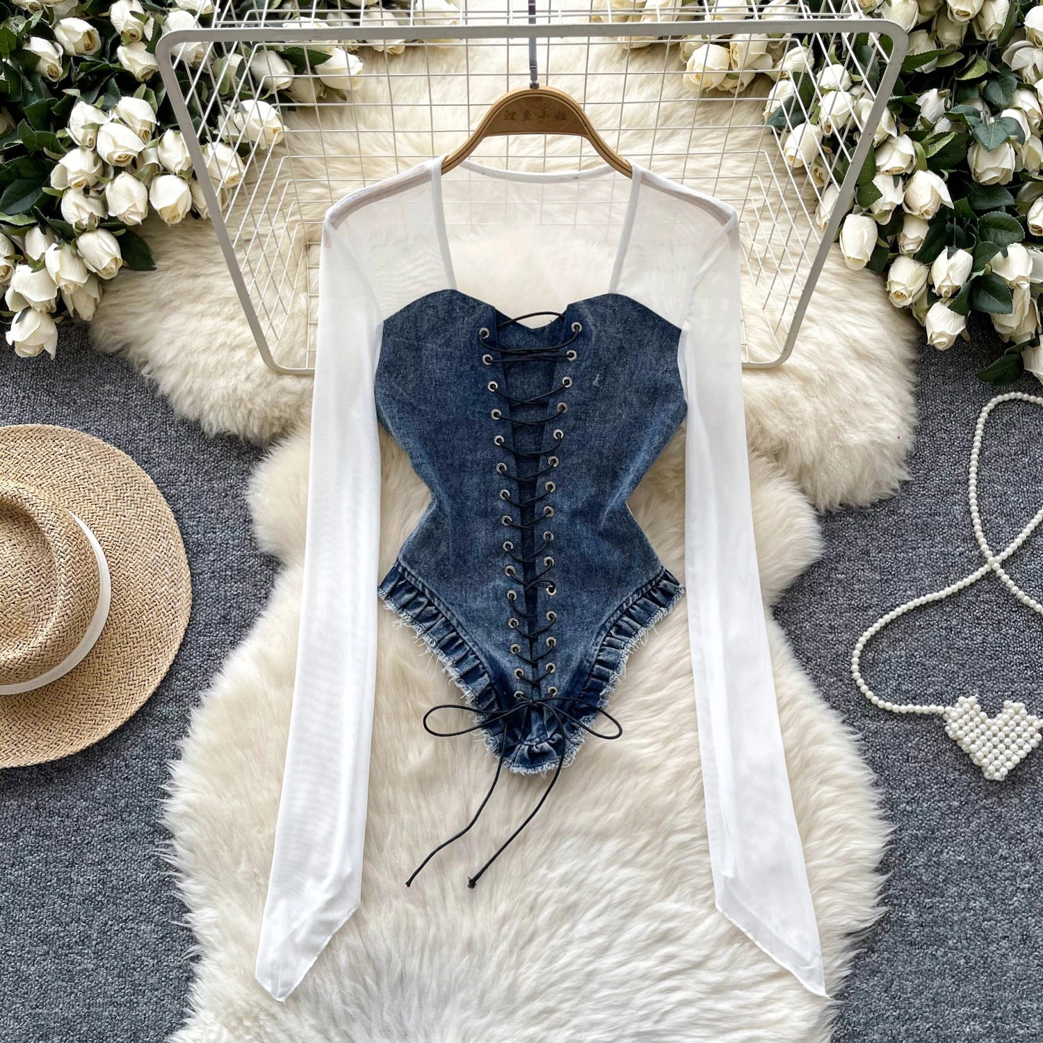 Retro Patchwork Long Sleeves Sheer Lace Up Denim Bodysuit