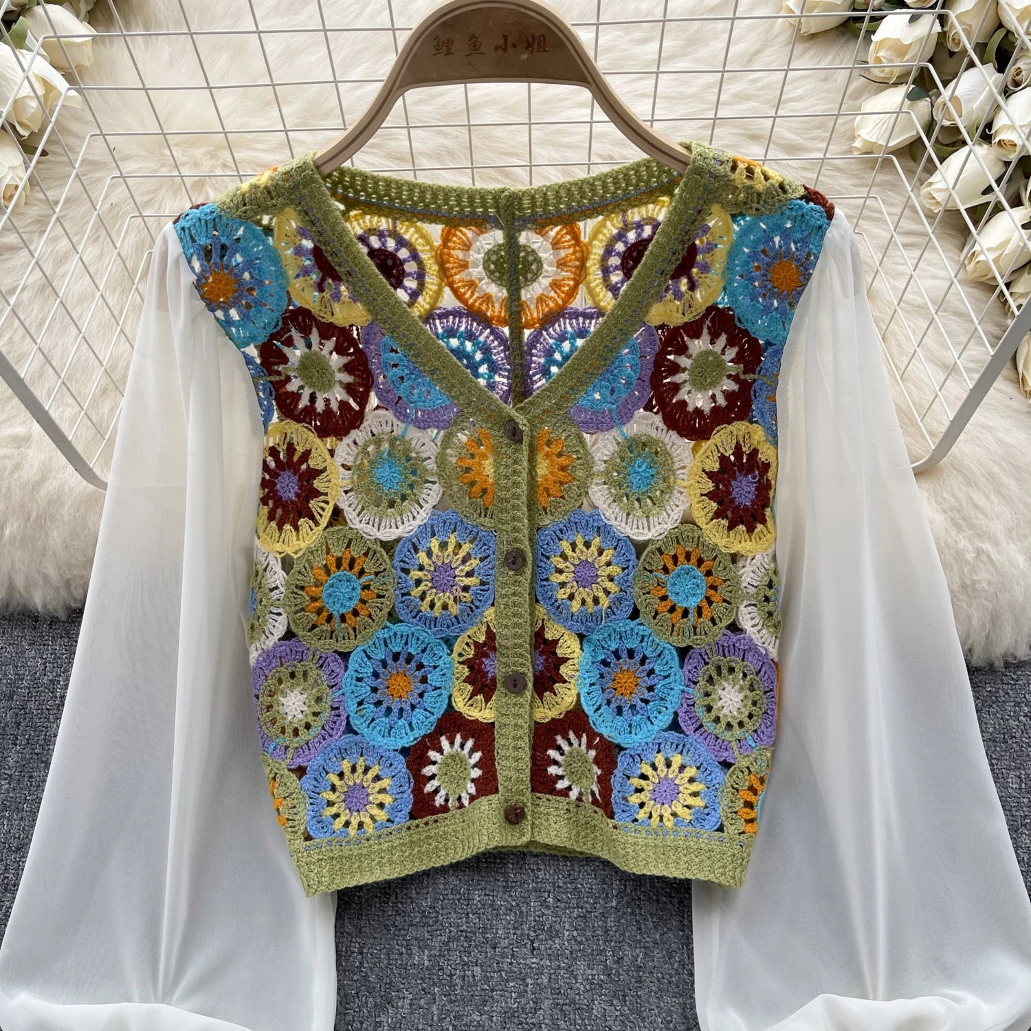 Knitting Crochet  Hollow Out Long Lantern Sleeve Blouse