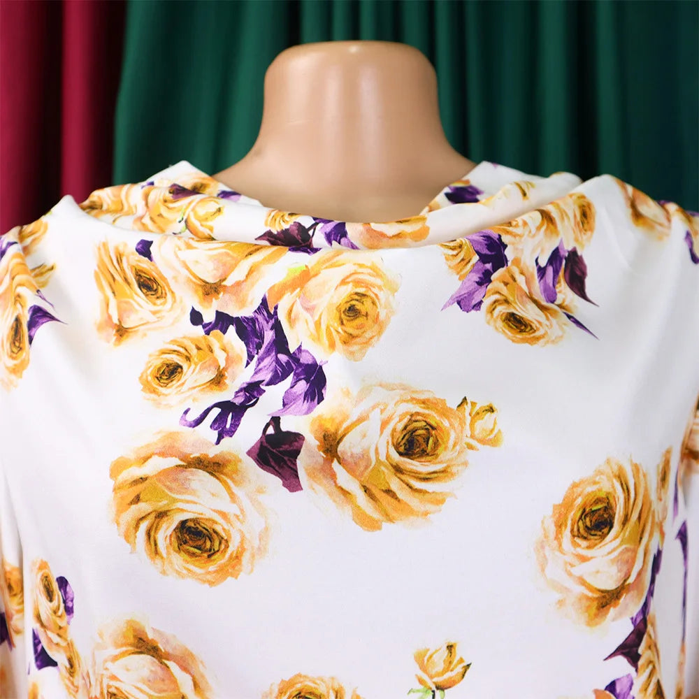 Two Piece Sets Slim Fit Print Floral Round Neck Lantern Sleeve Elegant Splice Wide Leg Long Pants