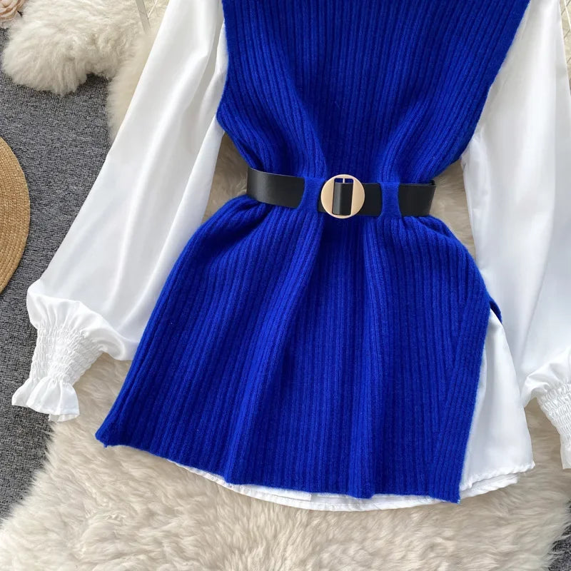 Luxury Style Loose-fit Long Sleeve White Shirt Side Slit Knit Vest 2-piece Set