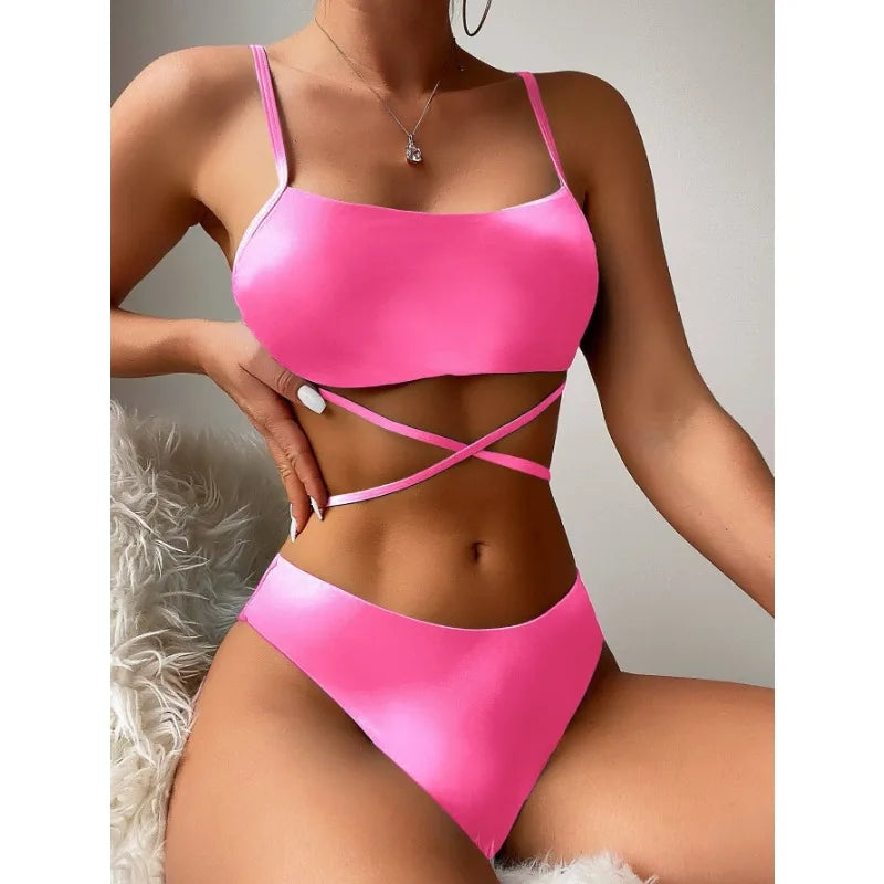 Tie Dyed Split Bikini Sexy Hip Lifting Mesh Gradient Beach Three Piece Set Cross Swimwear