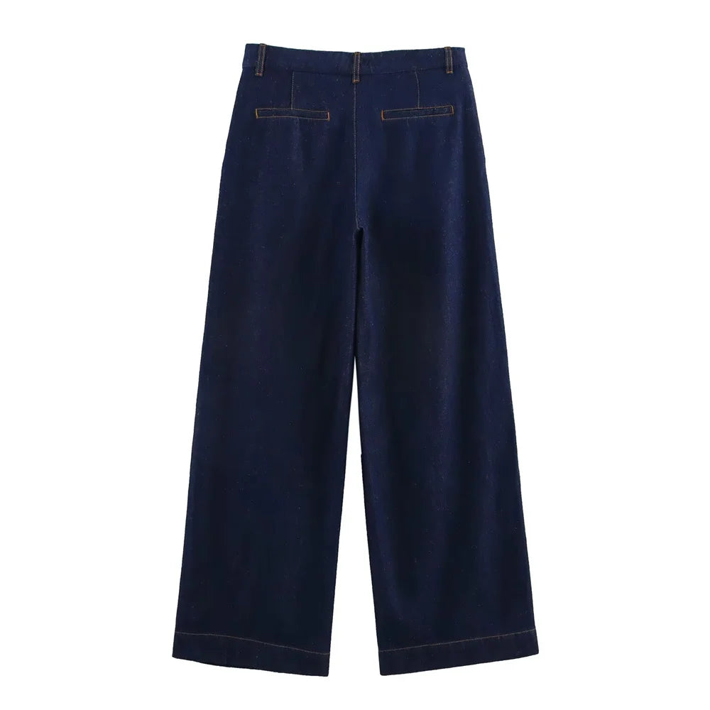 Denim Set Loose Fit Button Down Shirt With Wide Leg Pants