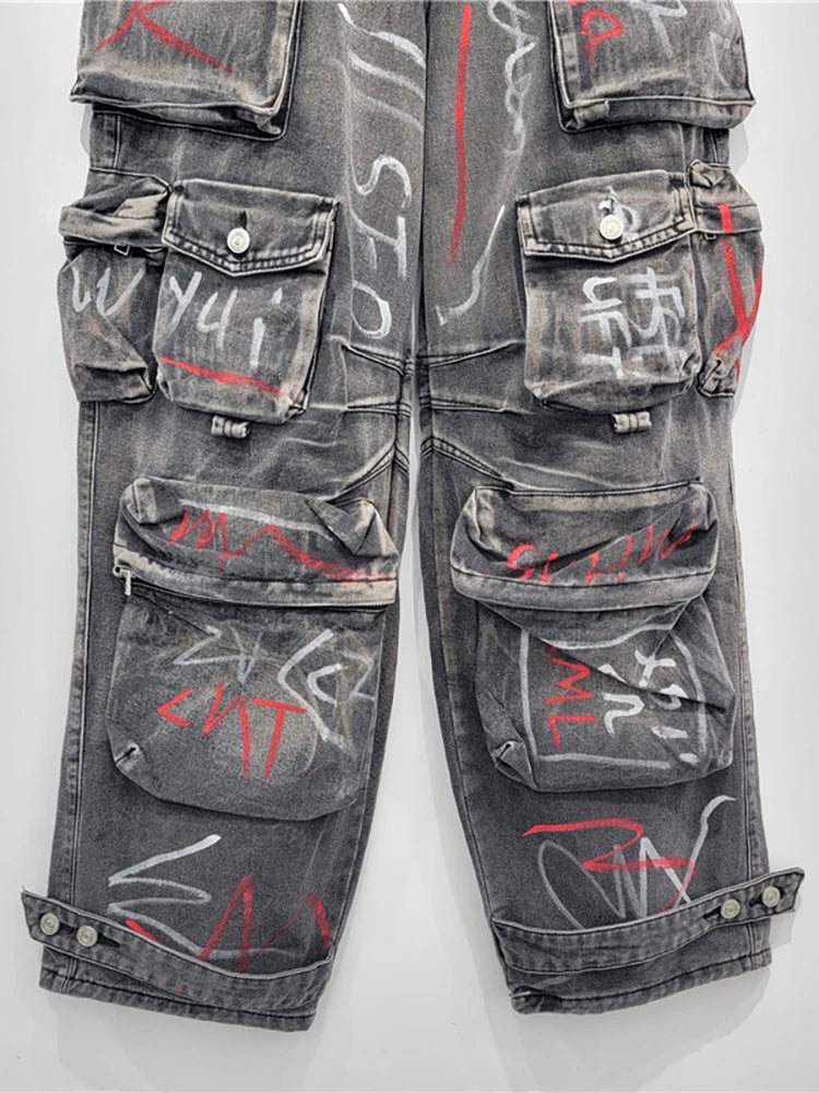 high waist Multiple pockets Graffiti Grey straight wide leg cargo denim