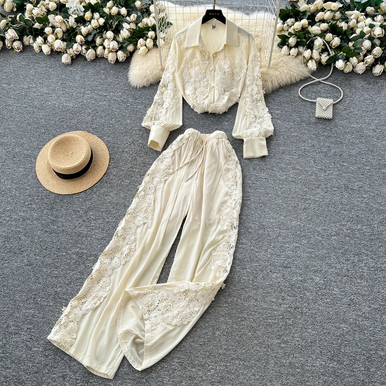 Single Breasted Lace Splice Top+High Waist Wide Legs Long Pants Hook Flower Hollow Suits