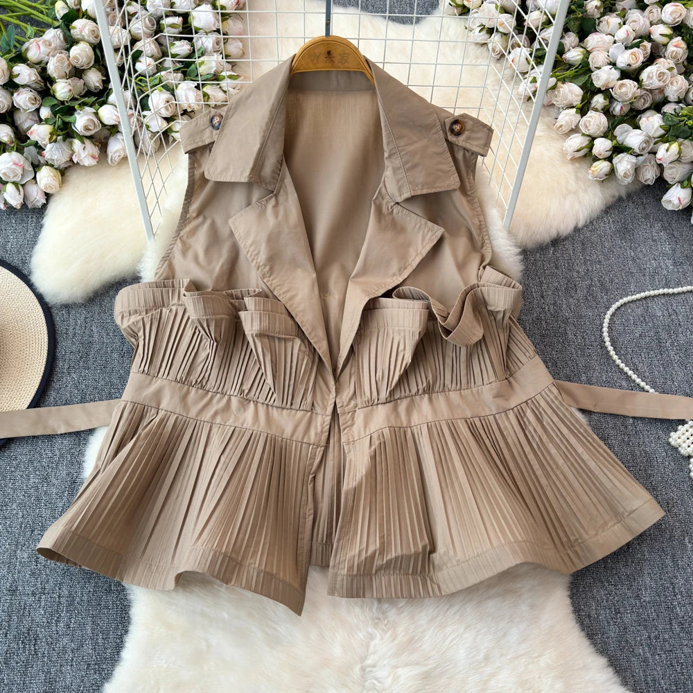 Pleated Versatile Lapel Collar Sleeveless Ruffle Blouse