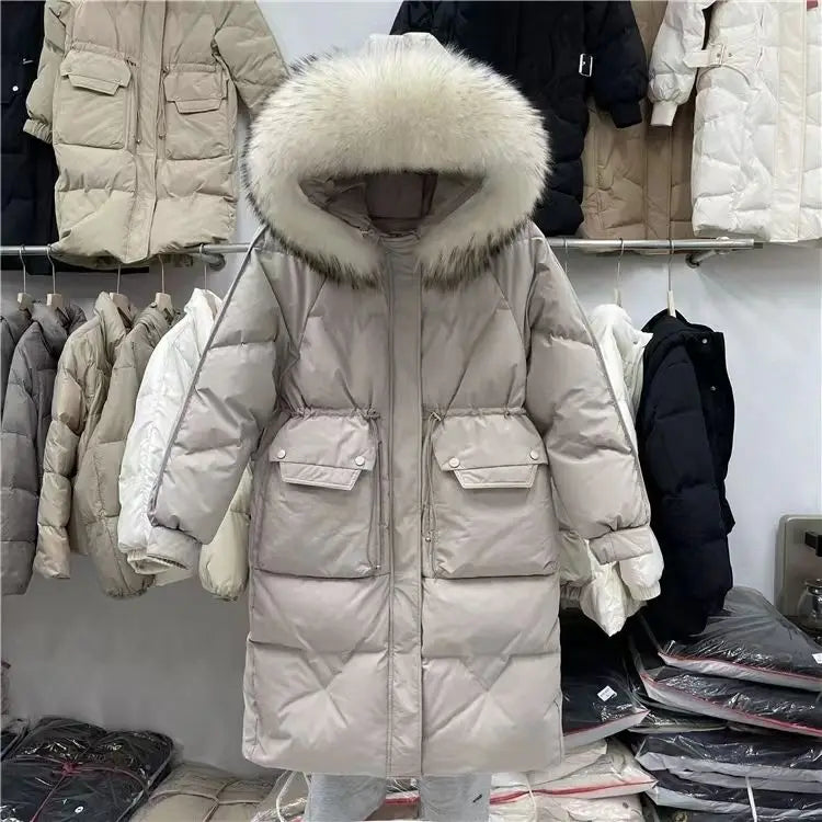 High End Goose Down Medium Length Thick Fur Collar Hooded Warm Coat