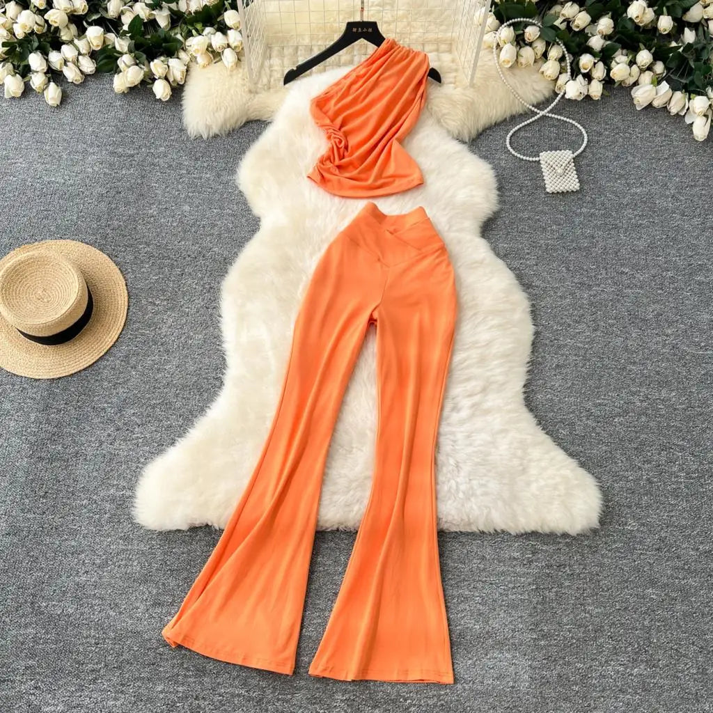 Two Pieces Sets Elegant Chic Skew Collar Pleated Tops + High Waist Flare Casual Pants  Outfits