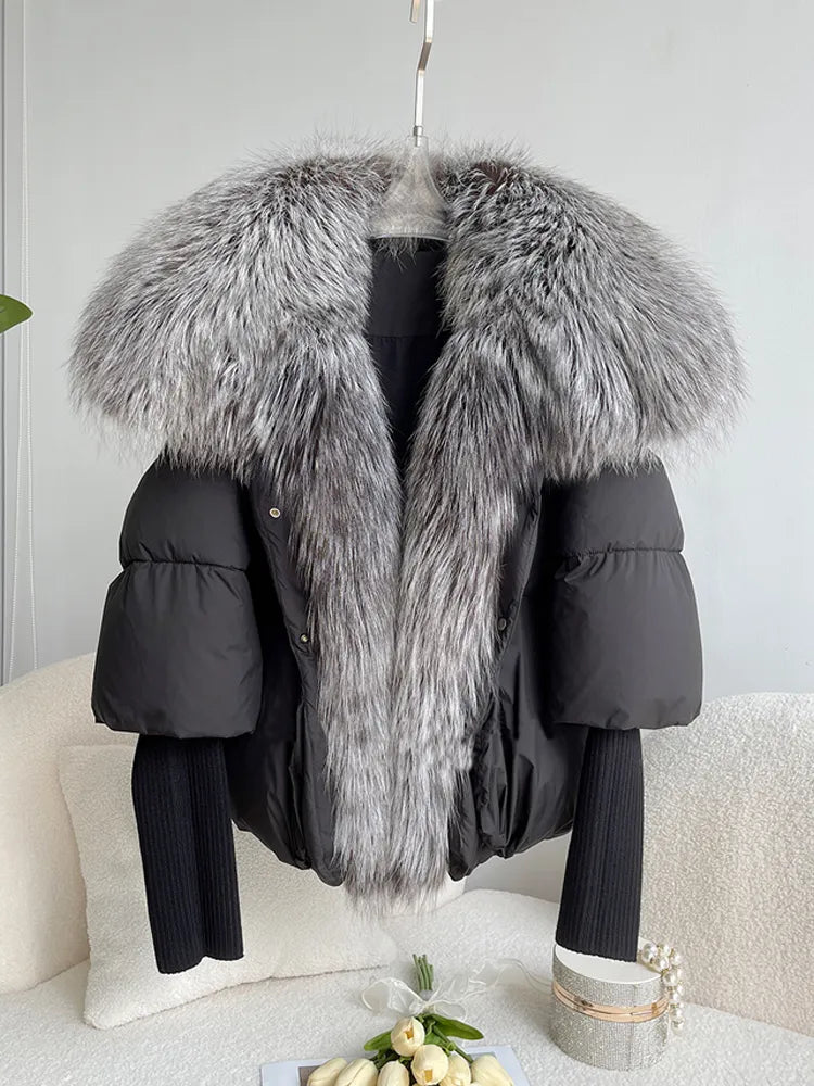 Real Silver Fox Fur Collar  Duck Down Puffer Coat