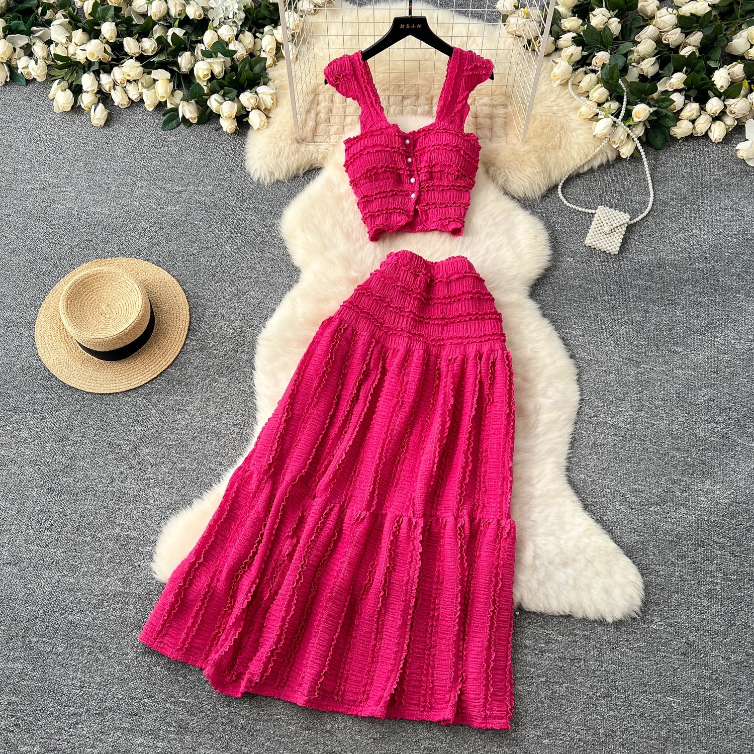 Casual Single Breasted Mini Camisole+Elastic Waist A Line Fold Slim Skirt Two Piece Sets