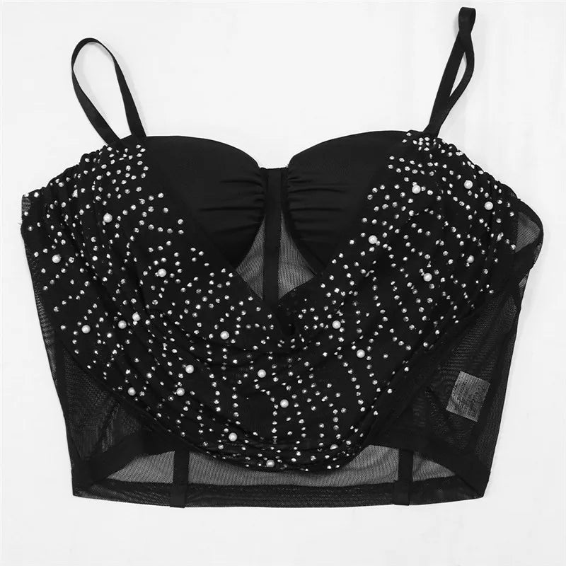 Two Piece Set Strap Mesh Rhinestone Top and Diamonds Mini Skirts Sets