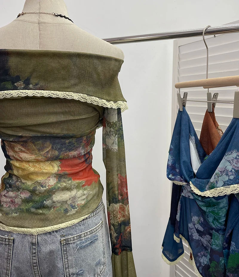 Off Shoulder Patched Ruffled Mesh Slash Collar T Shirts