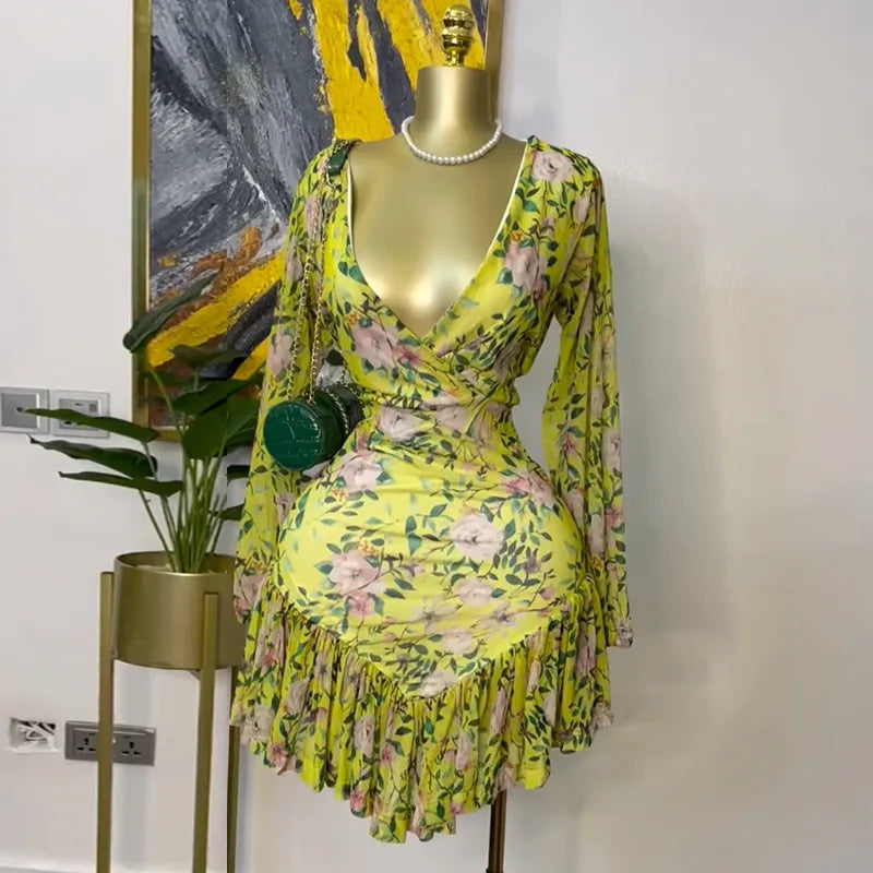Floral Printed Long Sleeve V-neck Ruffles Mini Dress