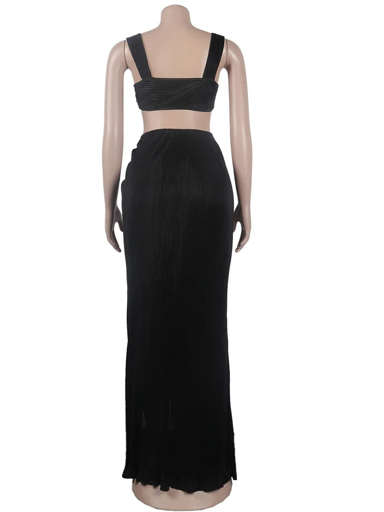 Sleeveless Pleated Crop Top And Side Slit Skirt Set