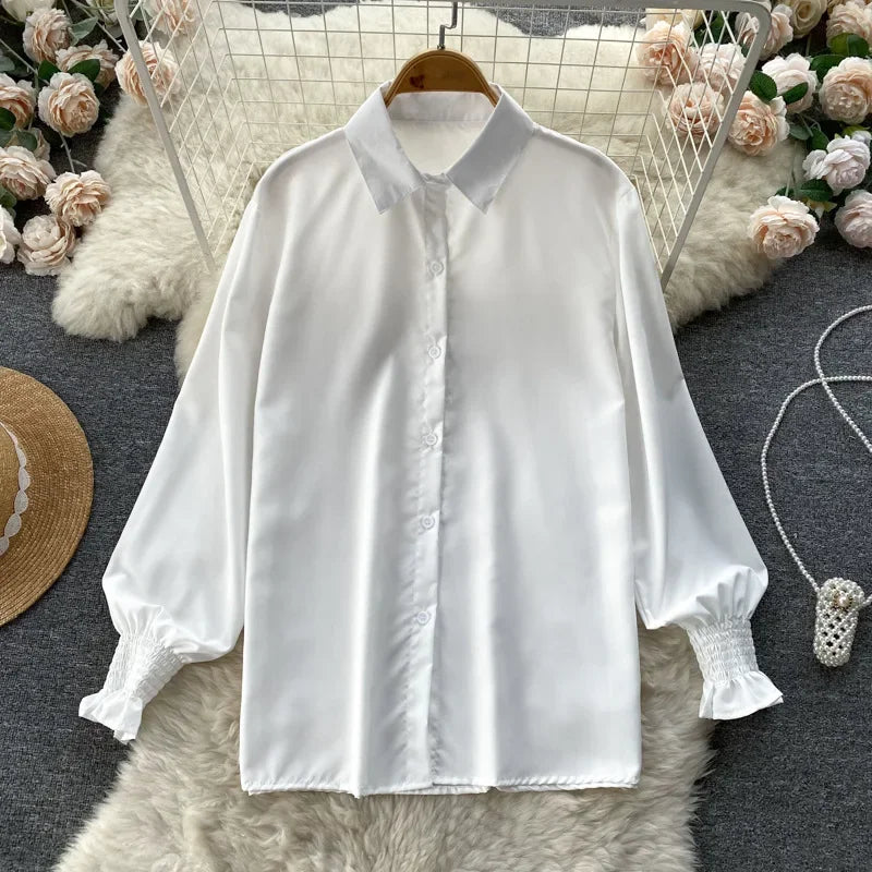 Luxury Style Loose-fit Long Sleeve White Shirt Side Slit Knit Vest 2-piece Set