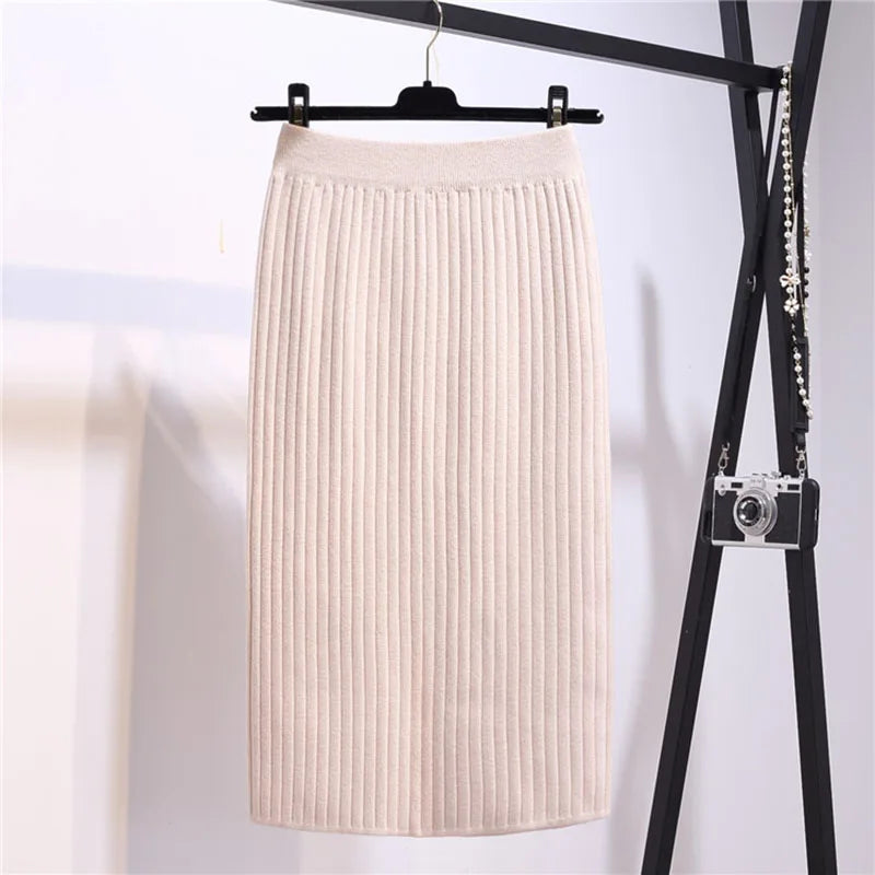 Stylish Knitted Slim Elastic High Waist Split Wrap Skirt Autumn Winter Skirts