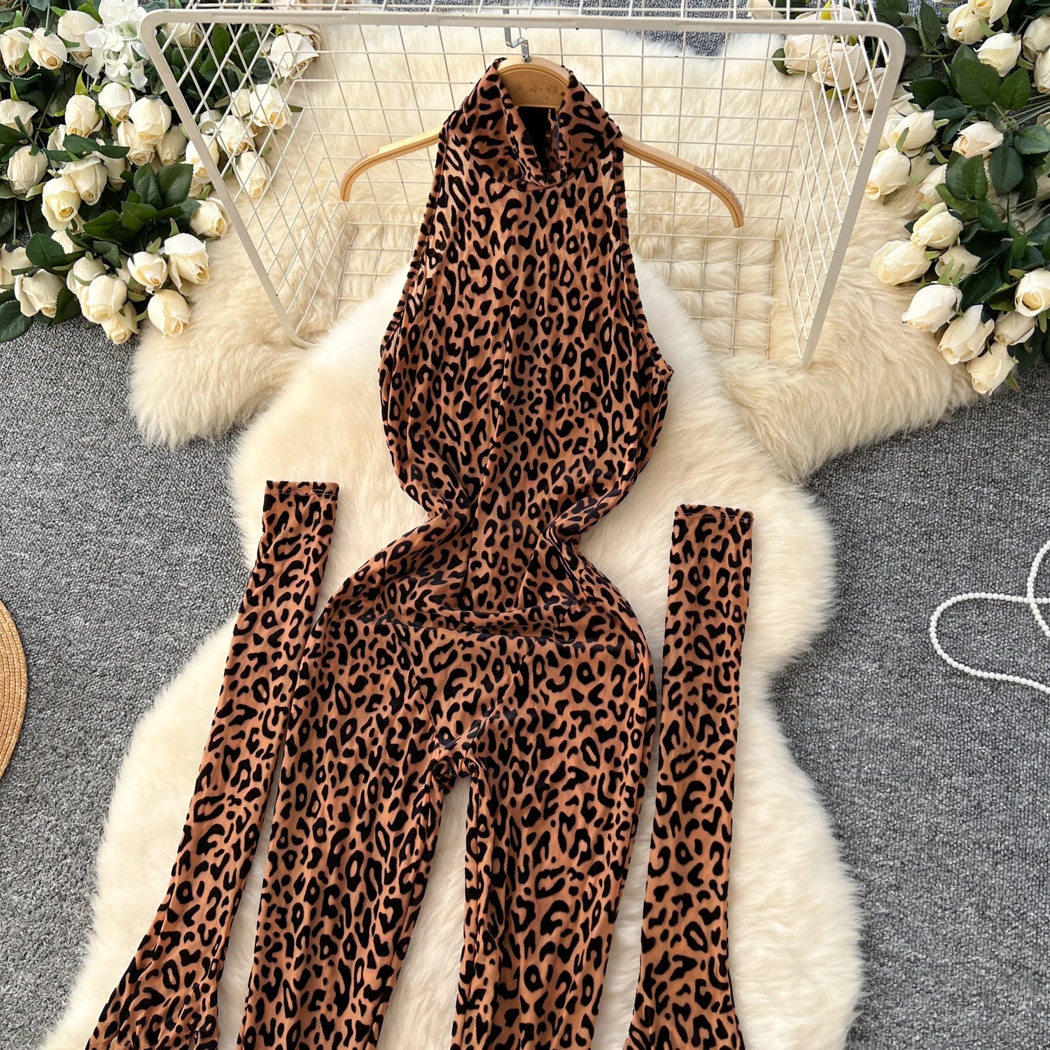Leopard Print Stand Collar Long Gloves Long Playsuits Jumpsuit
