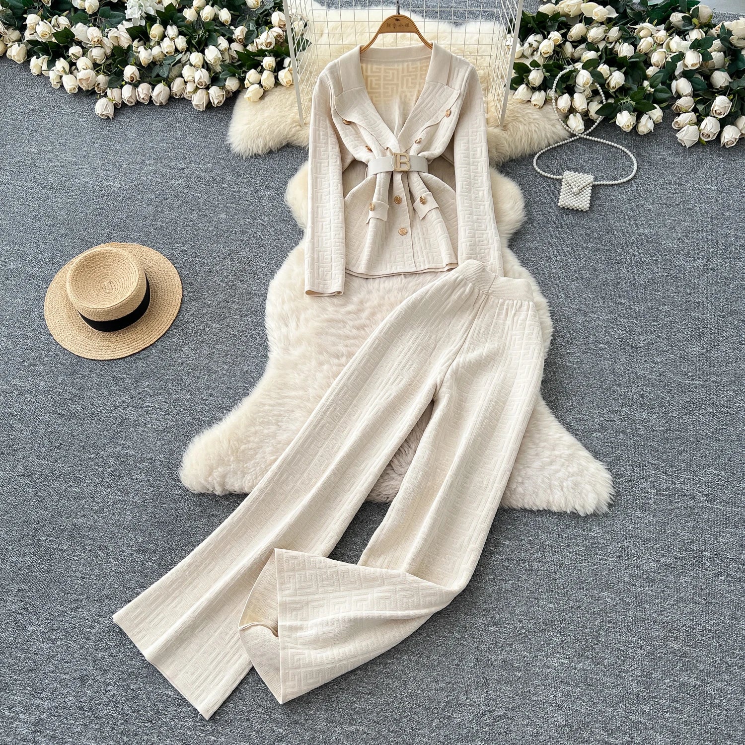 Knitted Long Sleeve Tops+Wide Trousers  Two Pieces Set