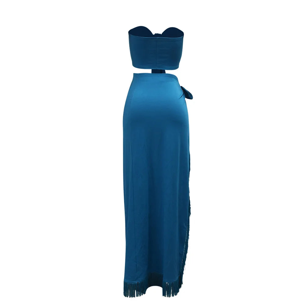 Strapless Crop Top + Ruched Split Tassel Long Skirts Two Piece Sets