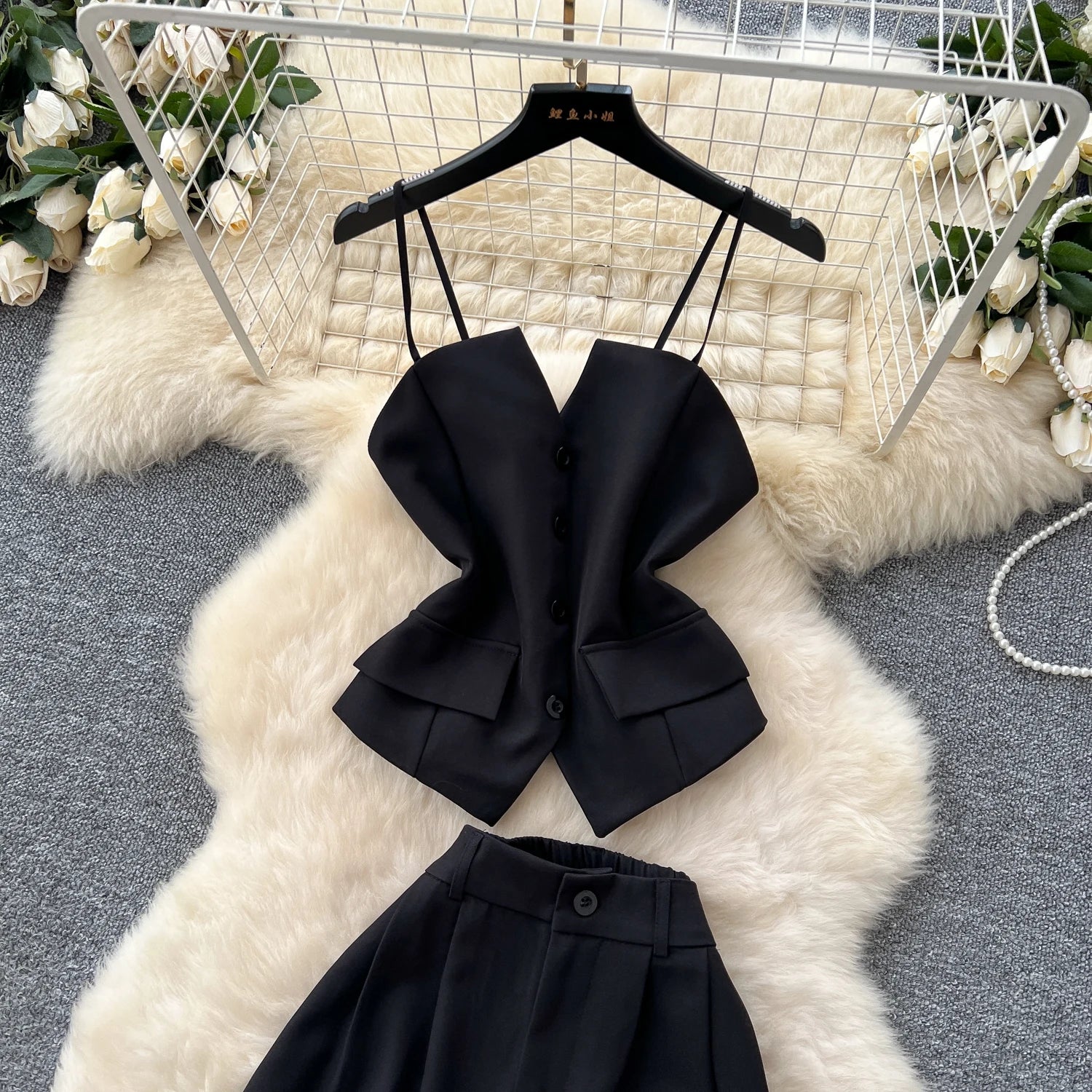 Office Lady Suits Camisole+Wide Leg Zipper Pants Chic Two Piece Set