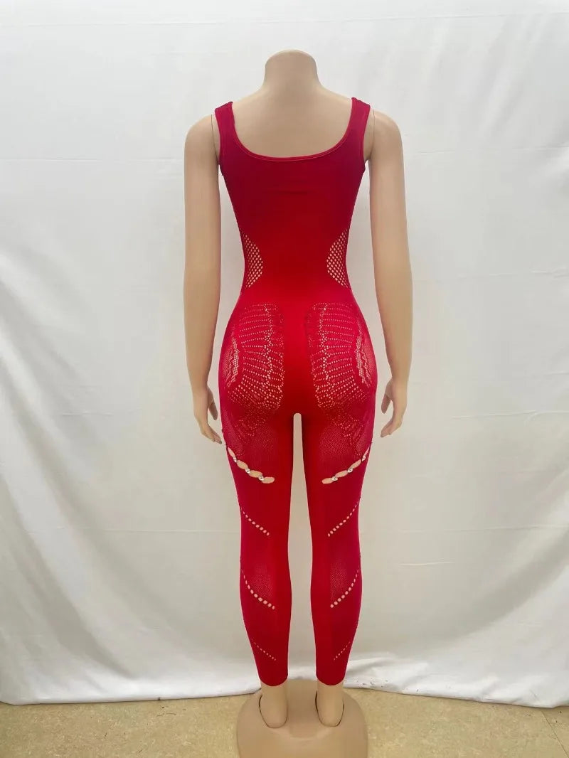 Hollow Out Rhinestones Patchwork Jumpsuit