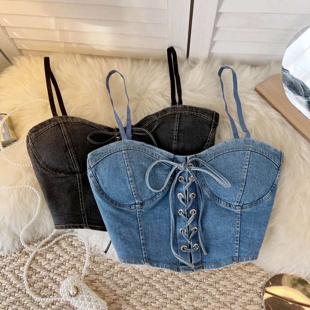 Spaghetti Strap Denim Drawstring Tanks Camis
