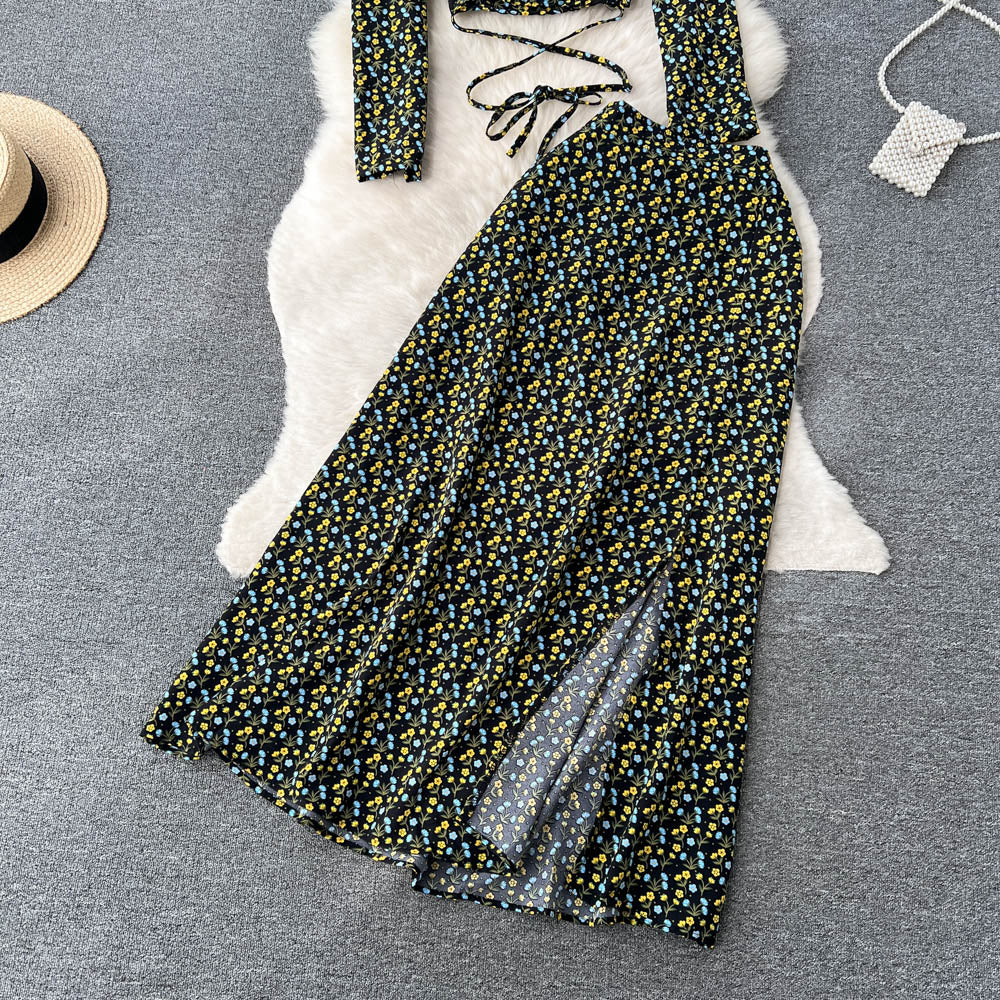 Chiffon Two Pieces Suits Lace Up Top+ Split Long Skirt Sets