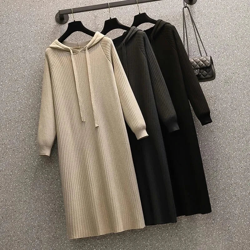 Casual V-neck Knitted Maxi Dress Elegant Ribbed Long Sleeve Hooded Dress